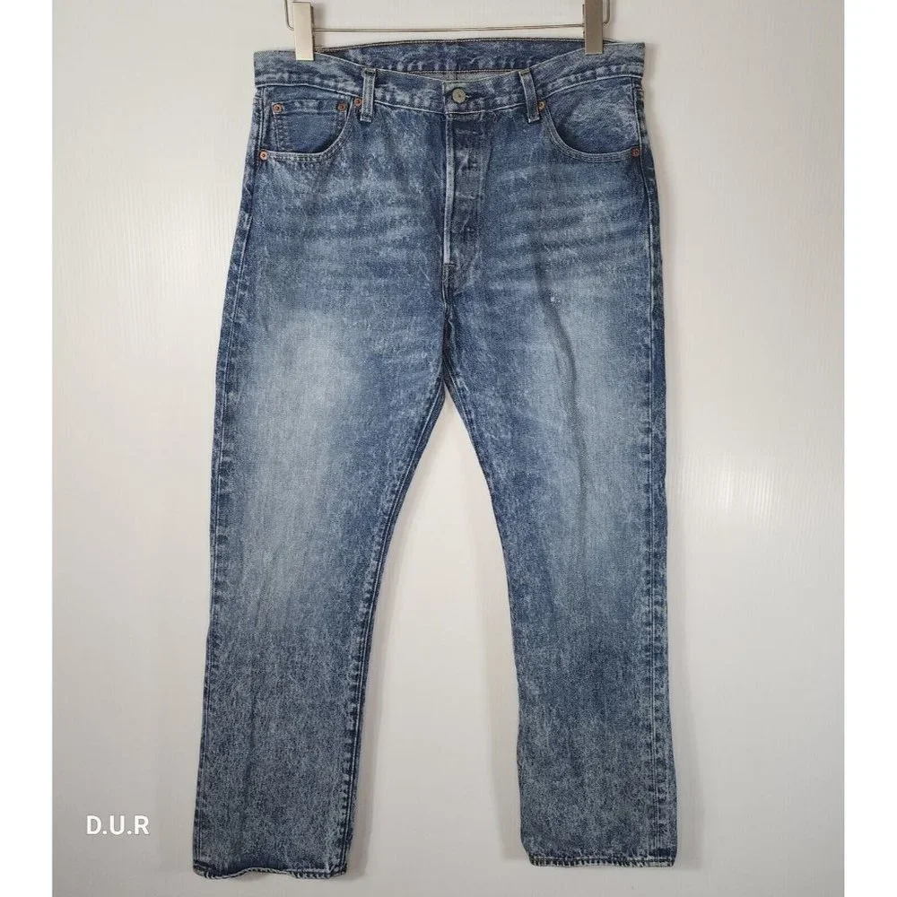 Levis 501 Jeans Mens 36x31‎ Blue Denim Button Fly Straight Relaxed Fit Acid Wash